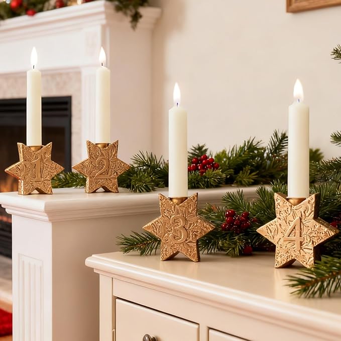 WDS WONDROUS Christmas Candle Holders Set of 4 – Gold Hexagon Snowflake Candlestick Holder, Taper Candle Holders for Christmas Table Centerpieces, Xmas Home Decor