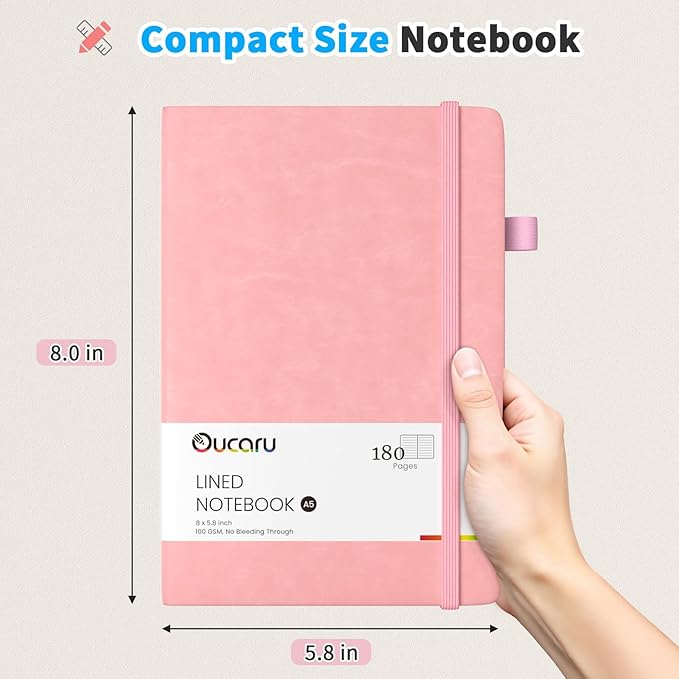Oucaru Lined Journal Notebook, 4 Pack, 180 Pages, A5 Journals for Writing, 100 GSM Thick Paper, Small Notebooks Daily Journal for Women Men Work, Business, School, Travel Supplies