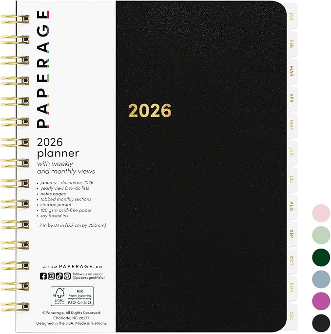 PAPERAGE 2026 Weekly & Monthly Planner, 12 Months (January 2026 - December 2026), 6.6 in x 8.1 in, Spiral Bound 2026 Planner with Weekly, Monthly & Yearly Views, Note Pages & Inner Pocket – Black