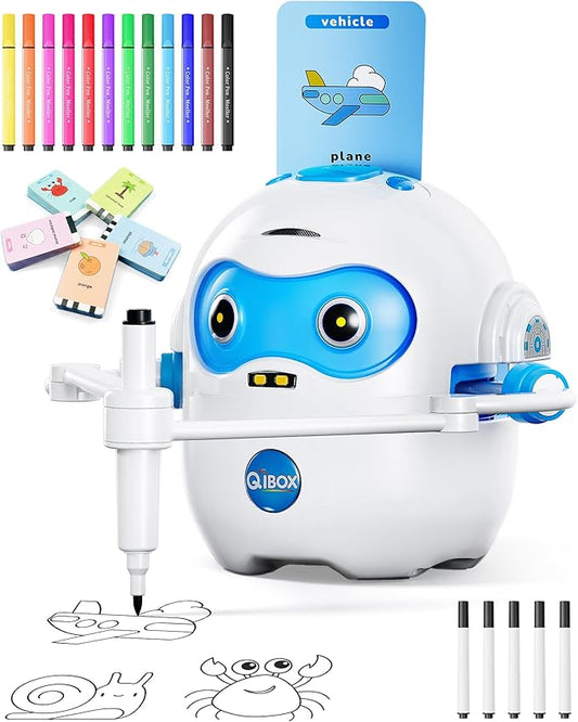 Drawing Robot for Kids, Rechargeable 4-in-1 Draw/Learn/Spell/Music Interactive Educational Robot Drawing Machine with 100 Cards & 12 Color Pens, Learning Toys for 3-8 Year Old Boys Girls Birthday Xmas
