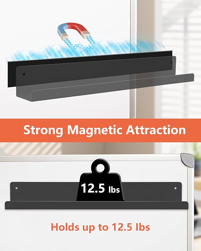 Magnetic Book Shelf for Whiteboard, Reusable Metal Magnetic Bookshelves with Strong Adsorption Capacity, 2-Pack 17'' for Classroom Whiteboard Office & Fridge Storage, Holds up to 12.5 lbs
