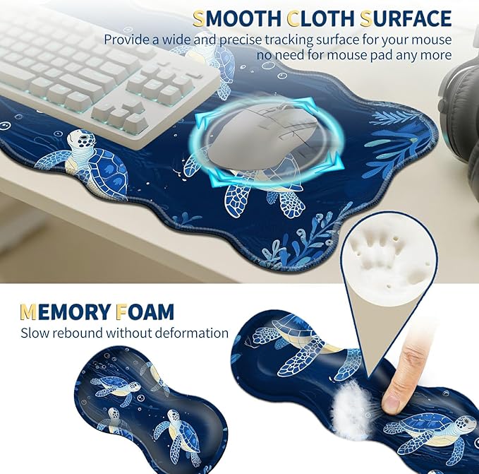4-Piece XXL Gaming Mouse Pad Set (31.5"x11.8") with Keyboard Wrist Rest,Mouse Wrist Support & Coaster,Ergonomic Non-Slip Desk Mat for Office & Home,Blue Sea Turtle