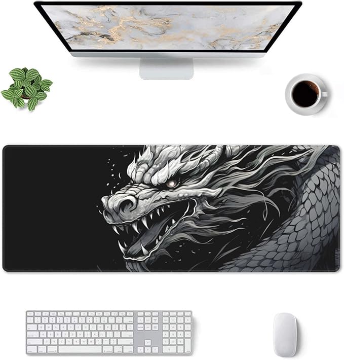 Large Size Eastern Dragon Print Gaming Mouse Pad 31.5 x 12 Inch, Stitched Edges, Anti-Slip Base, Waterproof Surface