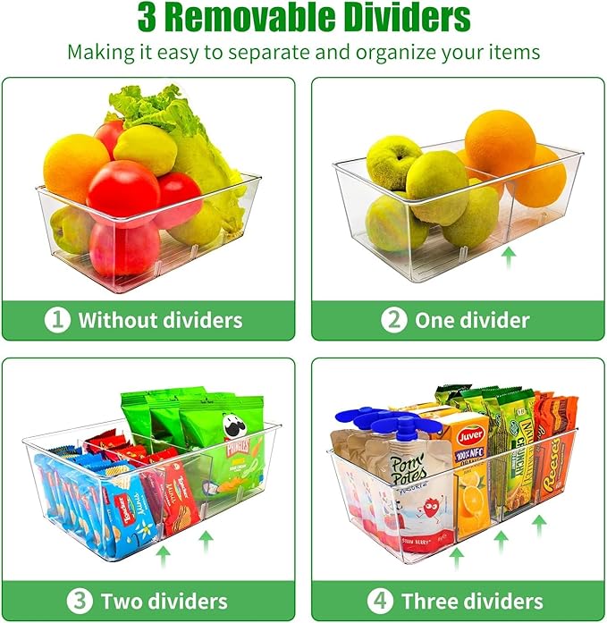 Pantry Organizers and Storage,Kitchen Organizers and Storage for Fridge,Drawer and Refrigerator - Spice Organization for Cabinet,Clear Plastic Stackable Organizer Bins with 3 Dividers (7 Pcs)