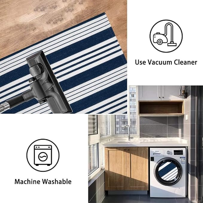 OJIA Entryway Rug 24''x51'', Machine Washable Christmas Front Door Mat Cotton Woven Blue and White Outdoor Rugs Porch Rug Striped Kitchen Runner Indoor Door Mat for Farmhouse/Entry/Home Entrance