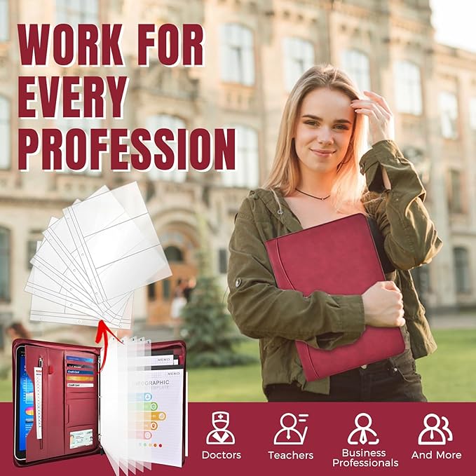 Padfolio Portfolio Folder Binder-Organizer Planner Notebook Zippered Portfolio Padfolio for Women & Men with Document Sleeve,Letter/A4 Size Clipboard,Business Card Holders (Burgundy-3)