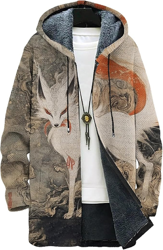 MARSVOVO Mens Cardigan Sweater Cool Graphic Lined Fleece Long Coat Zip With Pockets Fashion Coat Warm Fitted Jacket