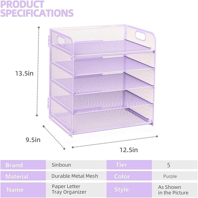 Letter Tray Paper Organizer 5-Tier Desk Organizer File Organizer Paper Holder with Handle, Metal Desktop Document Shelf Tray Office Classroom Organization - Purple