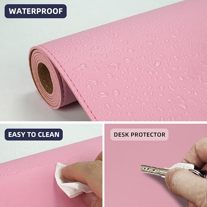 Leather Desk pad Protector, Large Desk mat with Natural Cork & PU Leather,Mouse pad,Non-Slip Office Desk Mat,Waterproof Desk Writing Pad for Office and Home (47in*17in,Rose Pink)