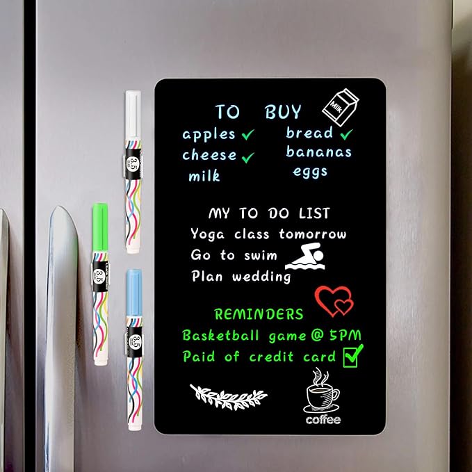 Magnetic Black Dry Erase Board Sheet 12" x 8" for Fridge, Easy to Read with 3 Bright Colors Chalk Markers, Small Refrigerator Magnet Whiteboard for Family Planner Grocery List