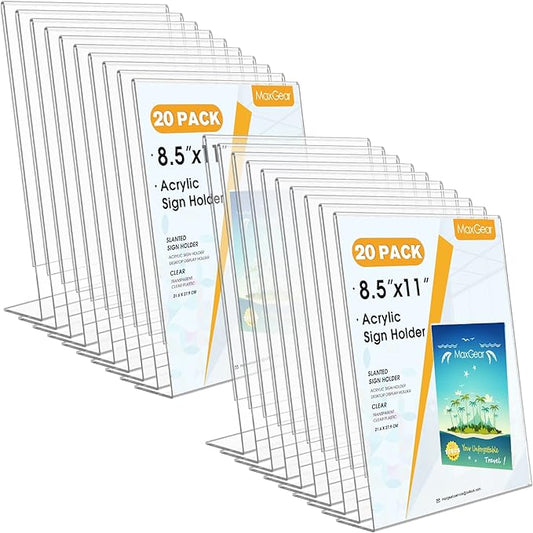 MaxGear Sign Holder 8.5x11 inches, Acrylic Sign Holder Slant Back Sign Holder Clear Sign Holder Plastic Paper Holder Table Top Sign Holder Plastic Display Stand for Office, Store, 20 Pack