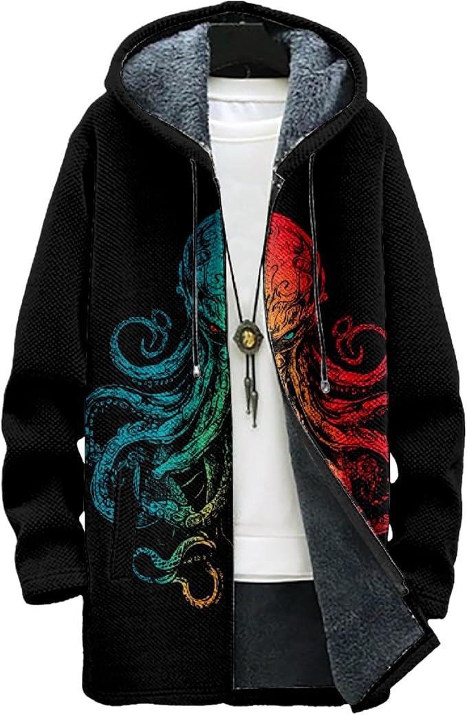 MARSVOVO Mens Cardigan Sweater Cool Graphic Lined Fleece Long Coat Zip With Pockets Fashion Coat Warm Fitted Jacket