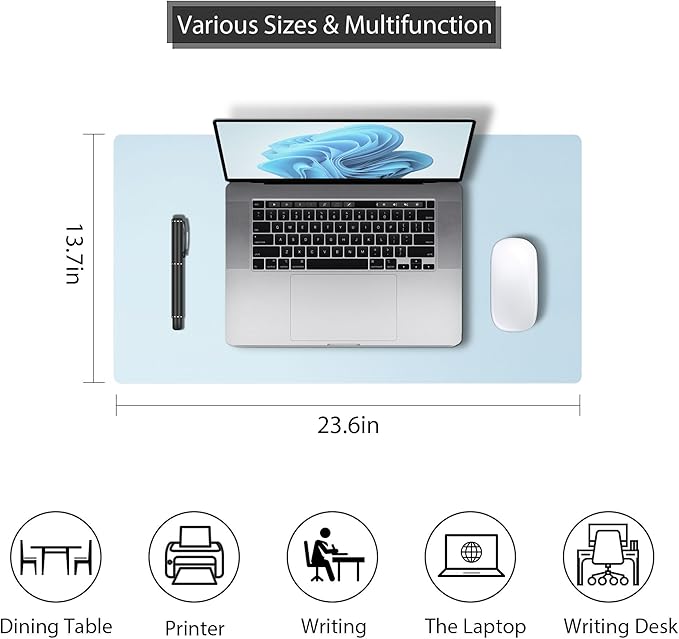 Leather Desk Pad Protector, Mouse Pad, Non-Slip Computer Mat for Desk, PU Leather Office Desk Mat for Home & Office, Waterproof Laptop Desk Blotter for Keyboard and Mouse, Baby Blue (13.7''X23.6'')