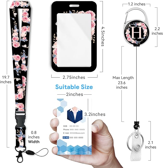 A-Z Badge Holder with Retractable Reel and Breakaway Lanyard Badge Clips Retractable Heavy Duty Badge Reel，Keychain，ID Holder with Breakaway Lanyard for School Nurse Office Teen H