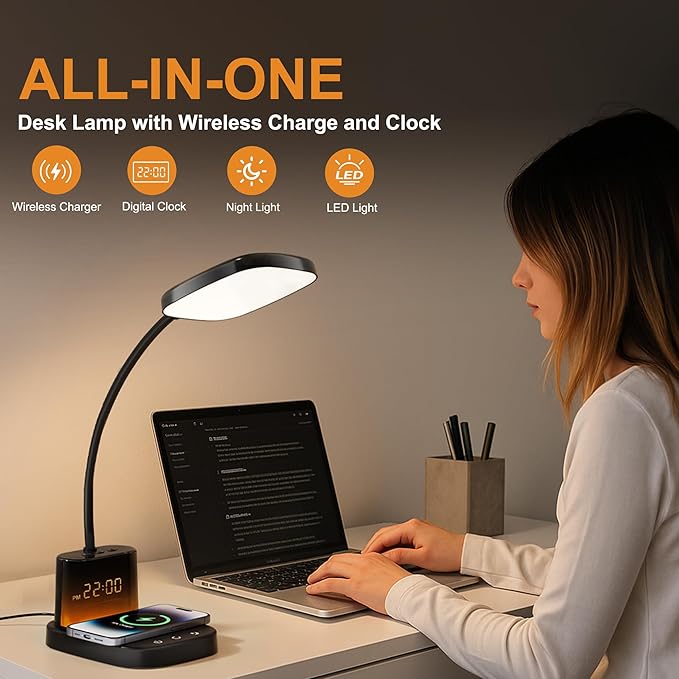 Sailstar Desk Lamp, Bedside Table Lamps with Wireless Charger and Clock, 30Mins Auto-Off Night Light Lamp, 3 Color Modes Dimmable Touch 800LM CRI 95, LED Desk Lamps for Home Office, Adapter Included