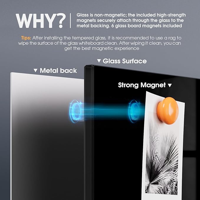 MaxGear Glass White Boards 36x24 Inches, Wall Mounted Magnetic Glass Dry Erase Board Black, Large Frameless Whiteboard with 1 Eraser,3 Markers and 6 Magnets for Office, School, Home