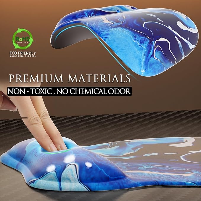 MROCO Ergonomic Mouse Pad with Gel Wrist Rest, Comfortable Mousepad with Smooth Wrist Support Surface and Non-Slip PU Base for Pain Relief, Computer, Laptop, Office & Home, 9.4 x 8.1 in, Blue Waves