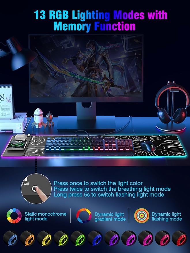 Mouse Pad with Magnetic Wireless Charging, Large Desk Pad Protector, RGB Black Mousepad Desk Mat with 15W Fast Charger, 4mm Thick Non-Slip, Waterproof Laptop Writing Pad for Office, Home, Gaming