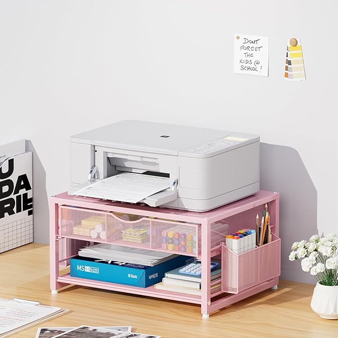 Marbrasse Metal Printer Stand for Desk with Storage Drawer and 2 Pen Holders, 2-Tier Desktop Organizer Printer Table for Home Office, Multi-Purpose Desk Organizer for Fax Machine Scanner Files(Pink)
