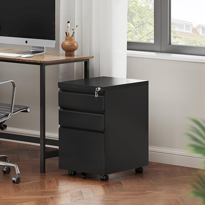 YITAHOME 3 Drawer File Cabinet with Lock, 20" Deep Office Vertical Files, Mobile Metal Filing Cabinet, Metal Vertical Filing Storage Cabinet for Letters/Legal/A4 Size,Black
