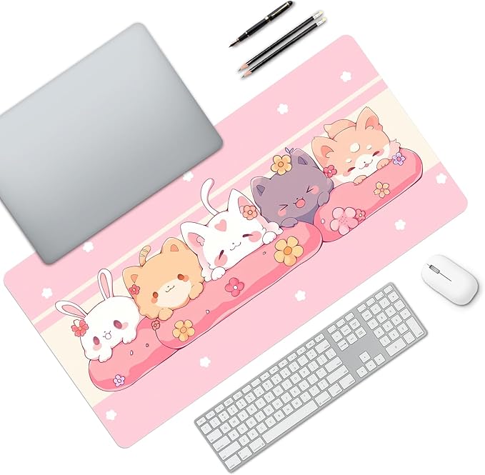 MAYCARI Cute Desk Mat Kawaii Mousepad, Anime Aesthetics Desk Pad XXL Cute Pink Cats Buuny Mouse Pad Computer Keyboard Mat, Office Desk Pad Protector 31.5"X15.7"