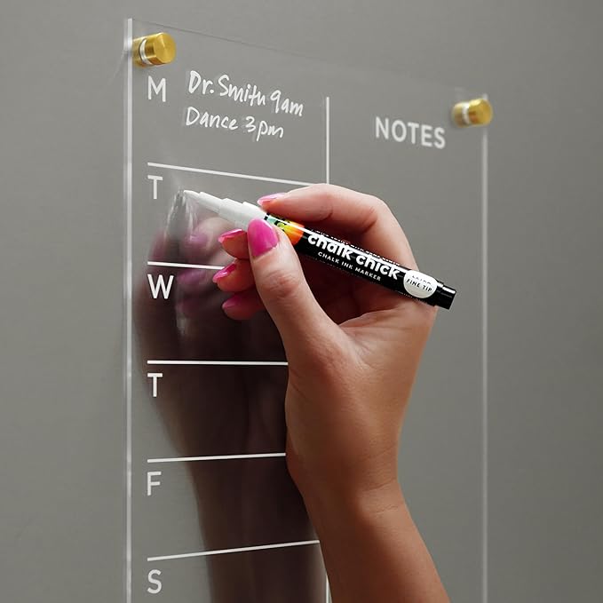Magnetic Acrylic Weekly Calendar for Fridge, Weekly Meal Planner with Notes, Includes 4 Magnetic Wet-Erase Markers for Refrigerator, 9" X 12" | Black Hardware
