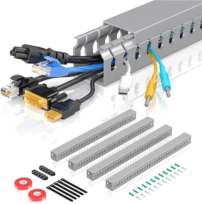 Open Slot Wire Duct Kit, 62.8"(4 x 15.7) Server Rack Cable Management, Cable Management Raceway for Hide Network HDMI VGA Cable, Wiring Raceway Cable Duct, Desk Wire Channel, 4 Pack, Grey