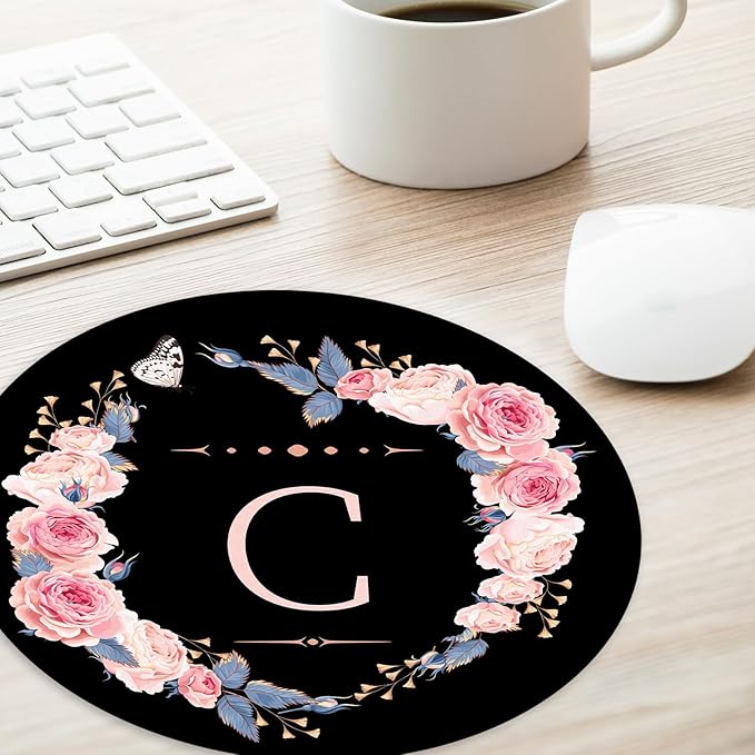 Letter C Black and Pink Flowers Round Mouse Pad, Funny Small Mouse with Non-Slip Rubber Base, Home Office Decor Desk Accessory, 8.7inch Round