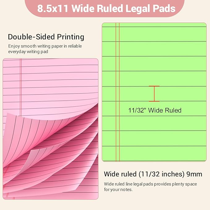 Legal Pads 8.5 x 11 Colored Notepad, 3 Pack Note Pads Wide Ruled Lined Paper, Micro Perforated Writing Pads Legal Pad, 30 Sheet/Note Pads, Notebook Paper Tablet for School, Pink Legal Pad 8.5 x 11