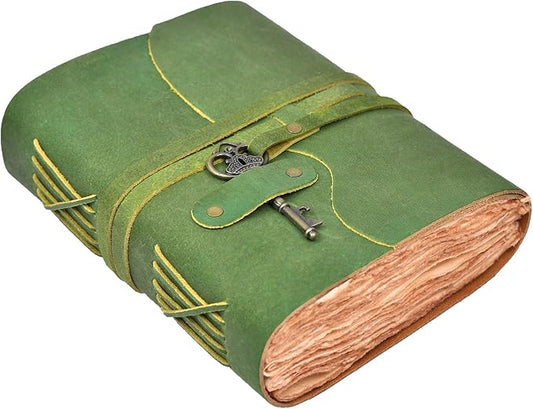 LEATHER VILLAGE Vintage Leather Journal – 200 Handmade Vintage Deckle Edge Paper – Leather bound Journal For Women Men – Vintage Key Closure - Book of Shadows - Green - 13X8 inches