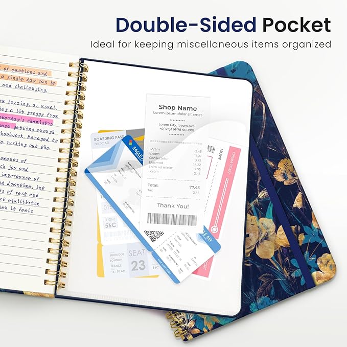 Lined Spiral Journal Notebook for Women, A5 College Ruled Journals for Writing, Hardcover Notebooks for Work, Note taking and Office School Supplies,140 Pages - Turquoise Flowers