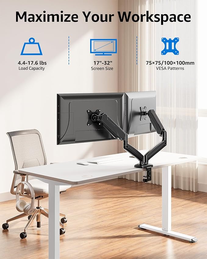 MOUNTUP Dual Monitor Stand for Desk, Gas Spring Monitor Arms for 2 Monitors 32 27 24 22 Inches, Height Adjustable Double Monitor Mount, VESA Mount with C-Clamp & Grommet Base, Holds 4.4-17.6lbs, Black