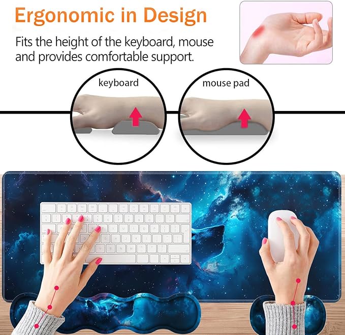 Large XXL Gaming Desk Mat 31.5"x 11.8", Ergonomic Keyboard Wrist Rest & Mouse Pad Wrist Rest + Coaster Set, Non-Slip Base, Memory Foam, Office and Home, Nebular Wolf