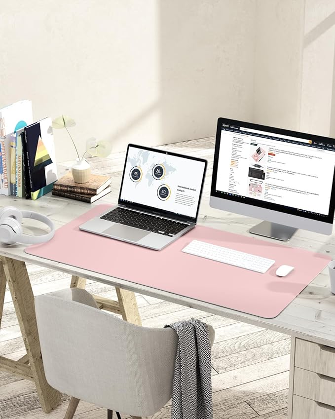 Non-Slip Leather Desk Pad L Size, Waterproof Laptop Computer Desk Keyboard Mat, Table Protector Blotter Mat, Large Mouse Pad for Office/Work/Home/Decor(Pink, 35.4" x 17")