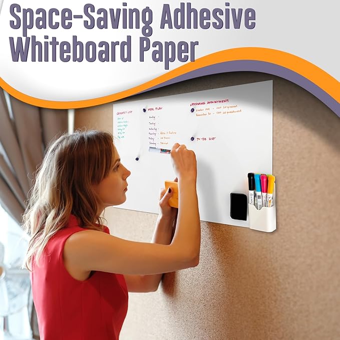 Magnetic Whiteboard Sticker Dry Erase Board for Wall - Adhesive Backing 48'' x 30'' Whiteboard for Classroom Office Home Include Marker Magnet Eraser