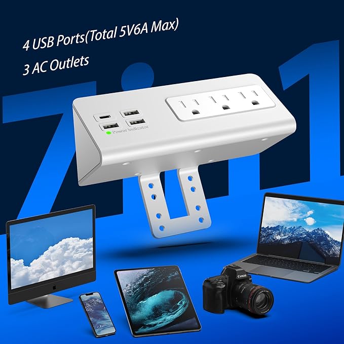 Nightstand Edge Mount Power Strip with USB-C Ports Tabletop Surge Protector Desk Clamp Power Sockets with 3 AC Outlets &4 Fast Charging USB Ports for Home Office Hotel and Dormitory (White(2-Pack))