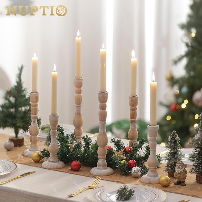 NUPTIO Candlestick Holders Wood for Home: Set of 3 Tall Farmhouse Taper Candle Holders Mantel Decor