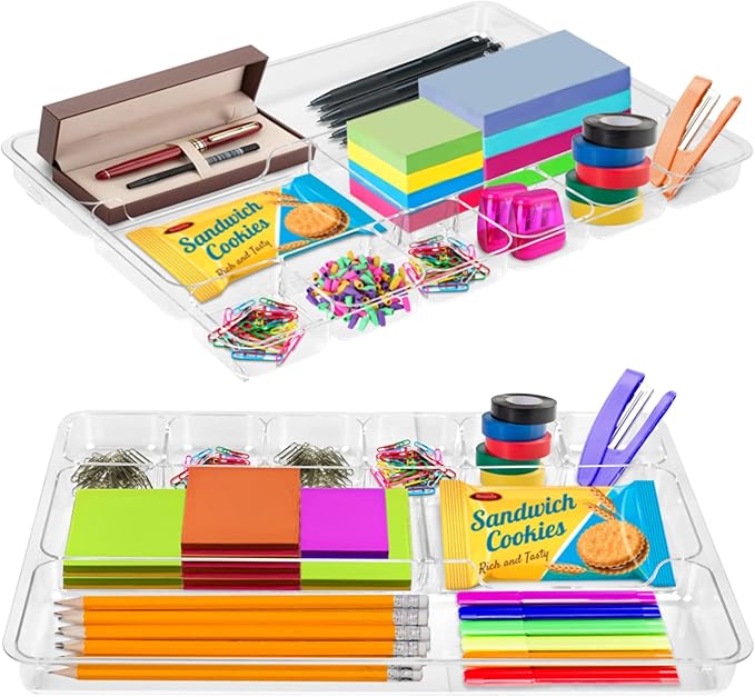 Manaloom Desk Drawer Organizer Tray with 9 Storage Compartments - For Home and Office - Drawer Organizers Office, Perfect Organizing Pens, Pencils, Paper Clips, Sticky Notes - Clear - 2 Pack