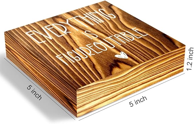 mmiishe Everything Is Figureoutable Wooden Box Sign Decorative Inspirational Farmhouse Wood Box Sign Home Office Decor Motivational Gift Rustic Square Desk Decor Sign for Shelf Burlywood