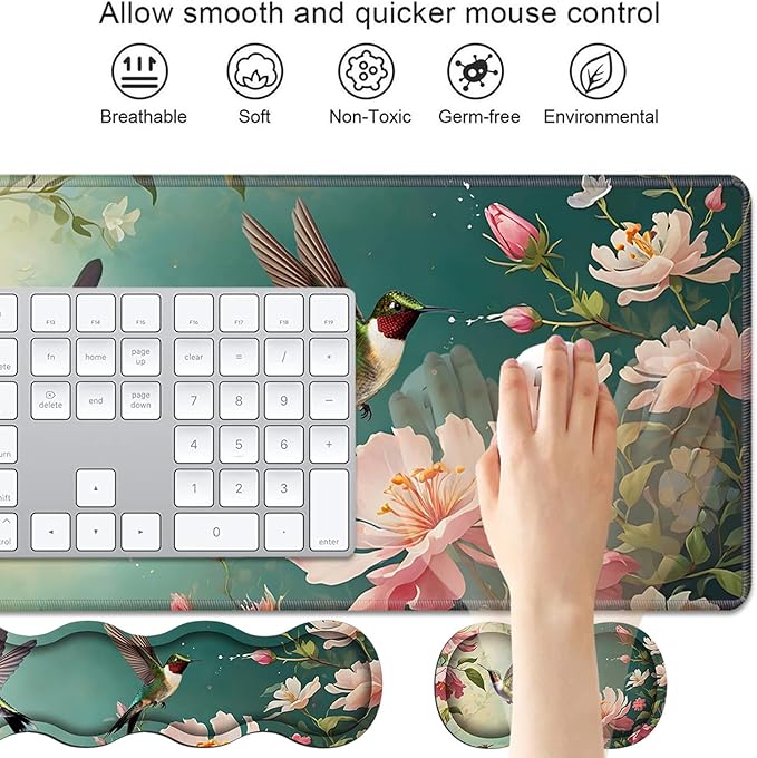 4 in 1 Ergonomic Keyboard Wrist Rest & Mouse Pad Wrist Rest Set, Large XXL Gaming Desk Mat 31.5"x 11.8" with Non-Slip Base, Memory Foam for Home Office Study Gaming, Hummingbird Flowers