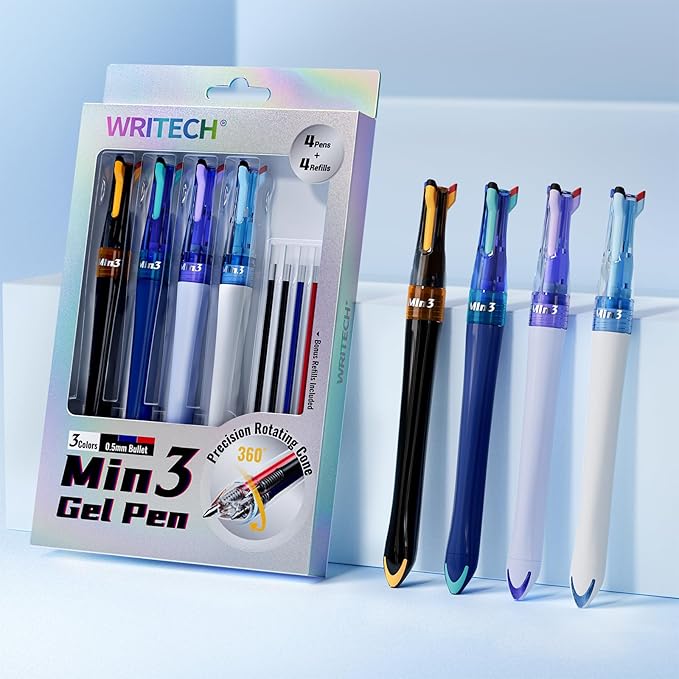 WRITECH Retractable Gel Ink Pens: 0.5mm Fine Point 3 in 1 Multi Colored Pen Black Blue Red, 4ct with 4 Refills No Smear Assorted Colors Min 3 for Smooth Writing Journaling Drawing
