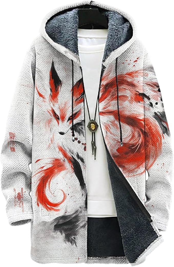 MARSVOVO Mens Cardigan Sweater Cool Graphic Lined Fleece Long Coat Zip With Pockets Fashion Coat Warm Fitted Jacket