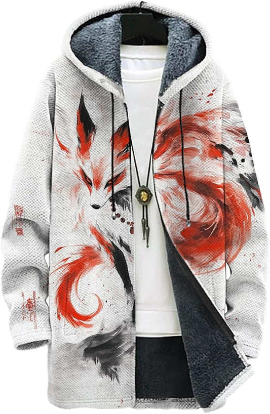 MARSVOVO Mens Cardigan Sweater Cool Graphic Lined Fleece Long Coat Zip With Pockets Fashion Coat Warm Fitted Jacket