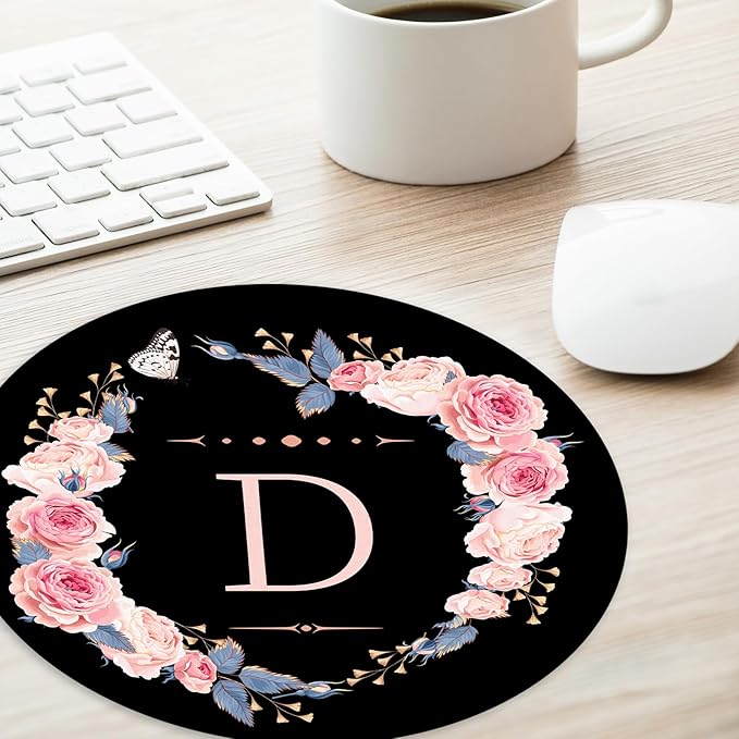 Letter D Black and Pink Flowers Round Mouse Pad, Funny Small Mouse Mat with Non-Slip Rubber Base, Home Office Decor Desk Accessory, 8.7inch Round