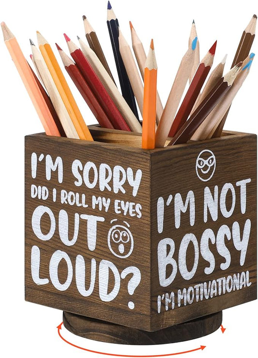 Wooden Spinning Pen Holder for Desk I'll Remember It Later Pencil Holder Cute Organizer Funny Desk Decor Pencil Case Art Supply Storage Box for Home Office (Brown)