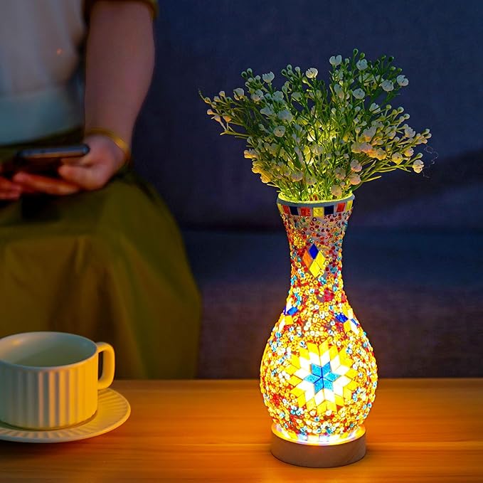 Mosaic Vase Lamp, Turkish Moroccan Table Lamp，Colorful Handmade Glass Vase with Wood Base for Flowers, USB Charge Decor Light for Bedroom Ambient Living Room Farmhouse