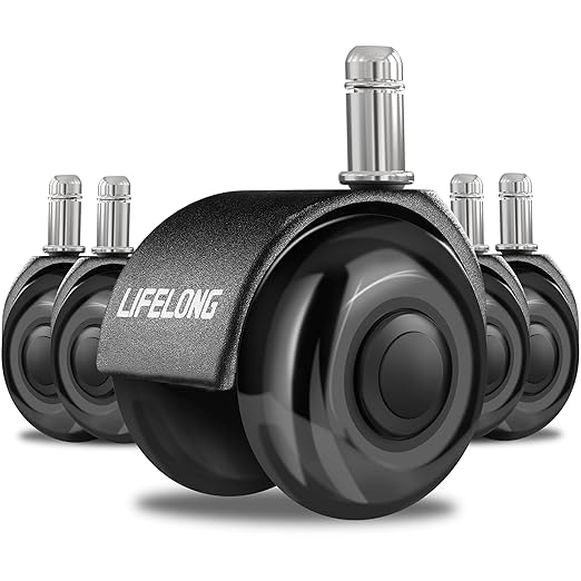 Lifelong Office Chair Dual Wheels Replacement Rubber 2 Inch Chair Casters for Hardwood Floors and Carpet, Set of 5, Heavy Duty Casters for Chairs to Replace Office Chair Mats - Fits 98%