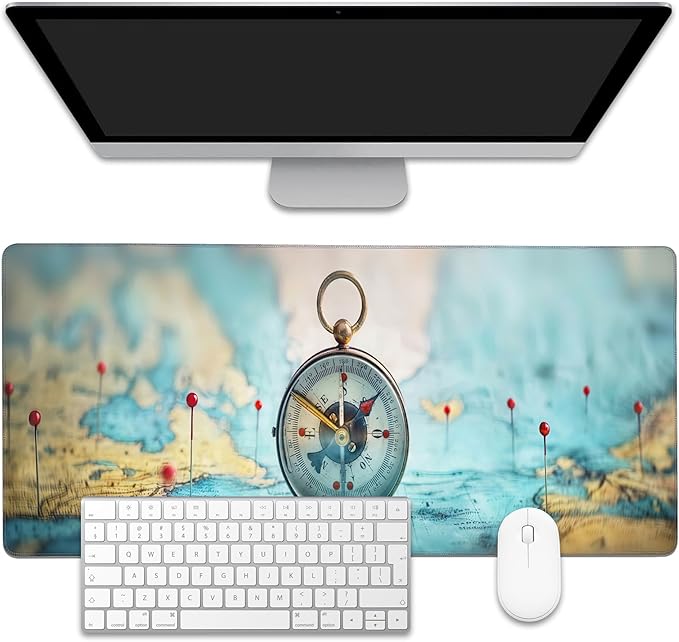 Mouse Pad,Compass on World Map Desk Mat for Desktop,Desk Pad with Non-Slip Base and Stitched Edge,Extended Mousepad for Office and Home 35.4X15.7 Inch