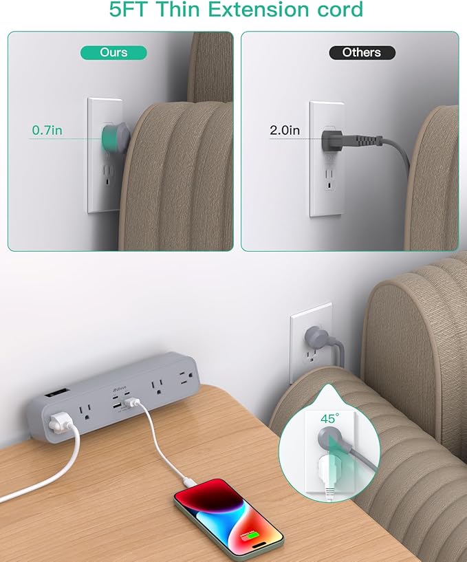 PD30W Desk Clamp Power Strip, Desktop Mount Surge Protector, Fast Charging Station, 5Ft Extension Cord Desk Edge Mount Shelf with 4 Outlets 4 USB Ports (2 USB C), Home Accessories Essentials, Grey