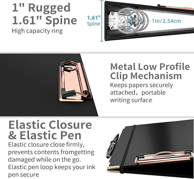 Ospelelf Mini 3 Ring Binder 1 Inch, Cute Binder for 5.5" x 8.5" with 5 Tab Dividers, File Folder Labels and Low Profile Clipboards, Black Binder for School Supplies and Office Supplies